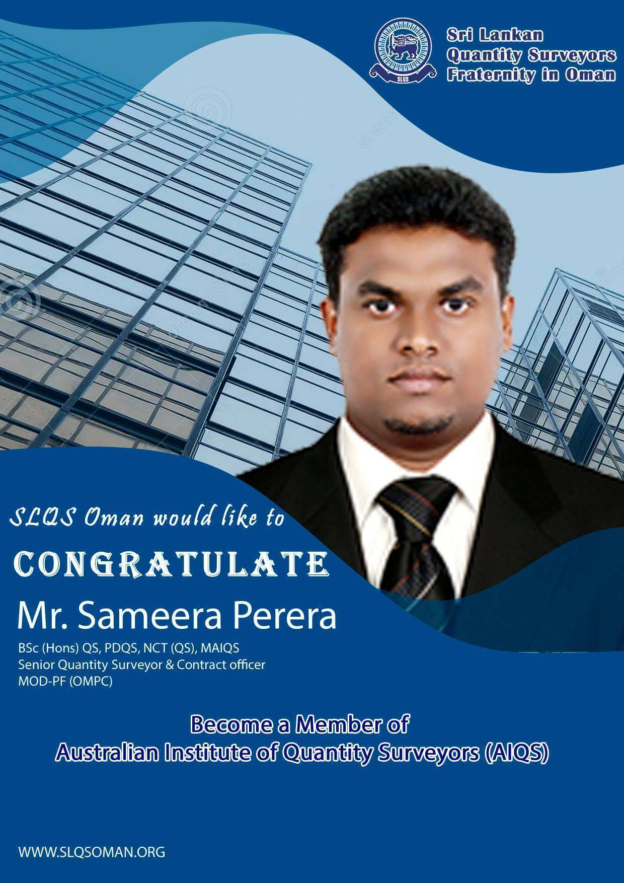 Congratulations Mr. Sameera Perera !! For achieving member of AIQS