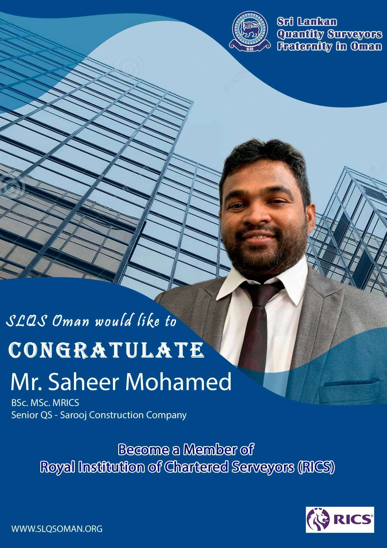 Congratulations Mr Saheer Mohamed !! For achieving member of RICS