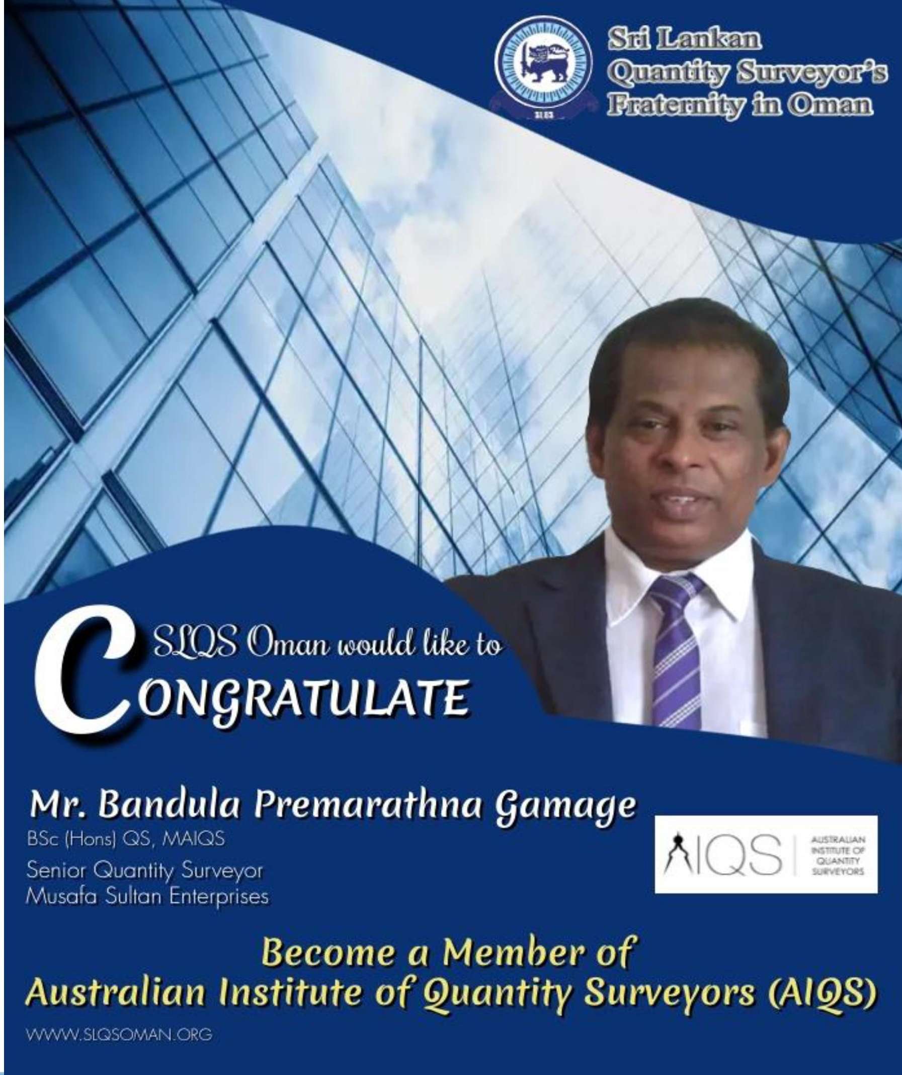 Congratulations!! Mr Bandara Gamage !! For Becoming A Member of AIQS