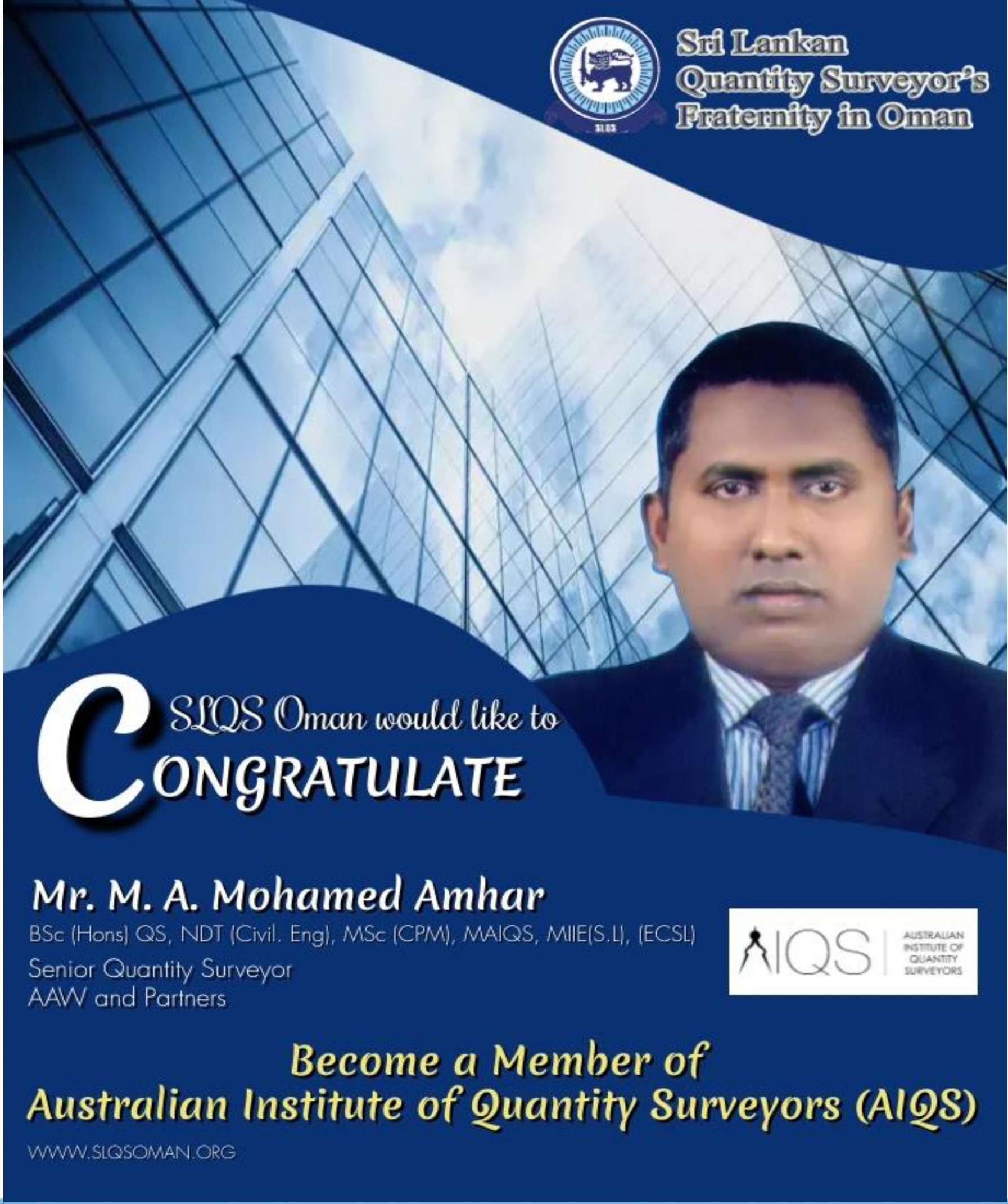 Congratulations!! Mr M.A.Mohamed Ambar !! For Becoming A Member of AIQS