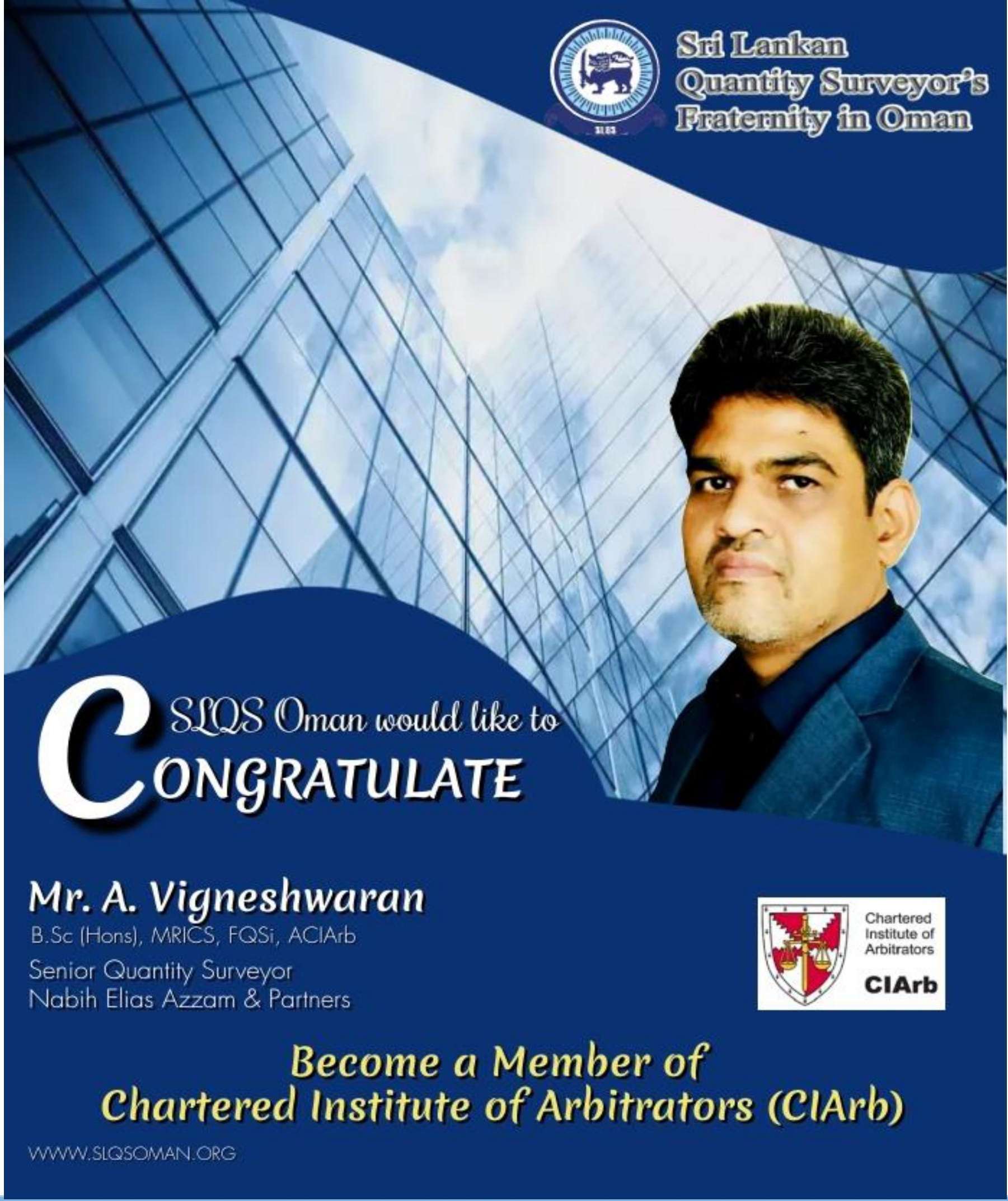 Congratulations!! Mr. A.Vigneshwaran!! For achieving member of  CIArb