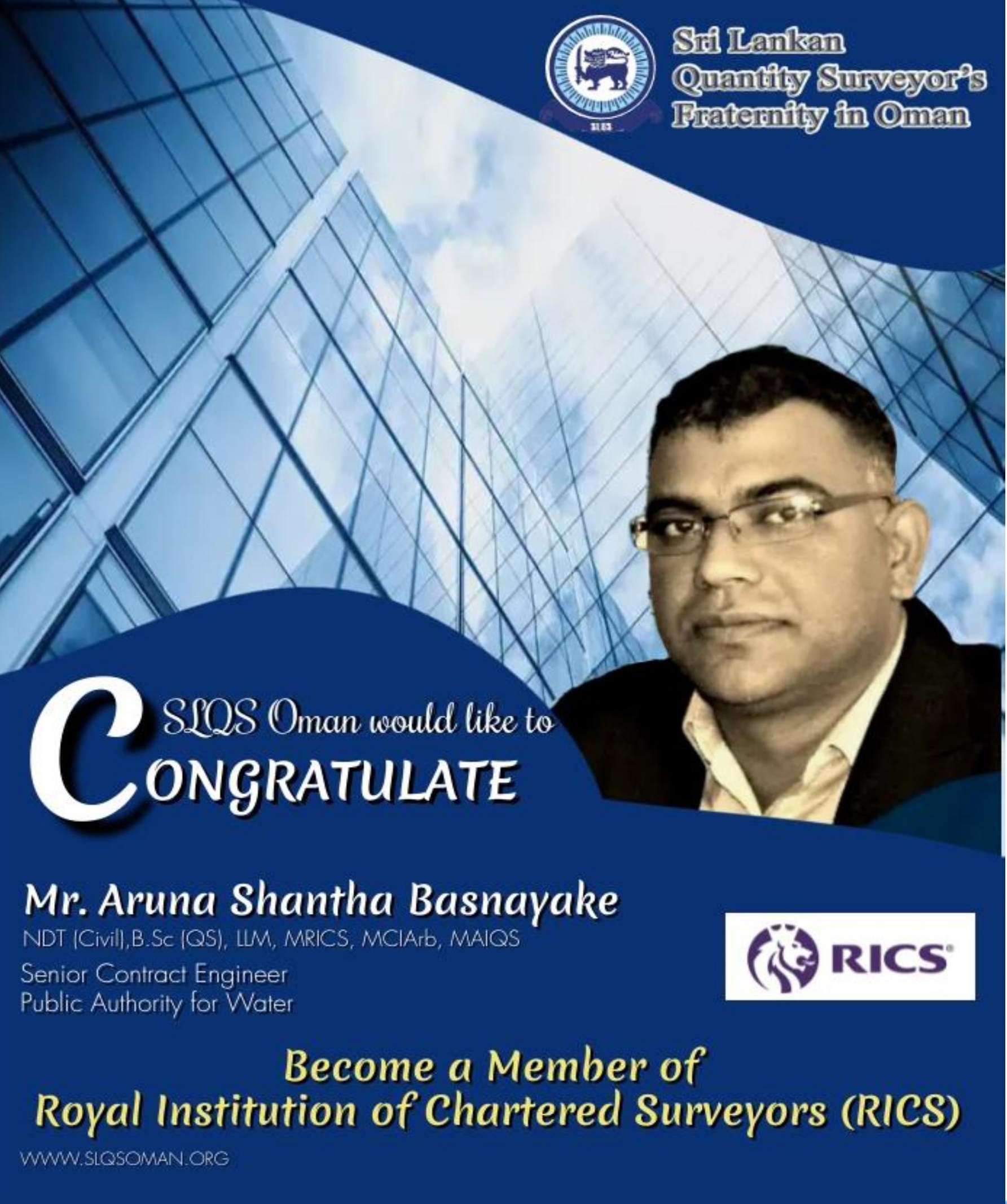 Congratulations!! Mr. Aruna Shantha Basnayake !! For Becoming A Member of RICS