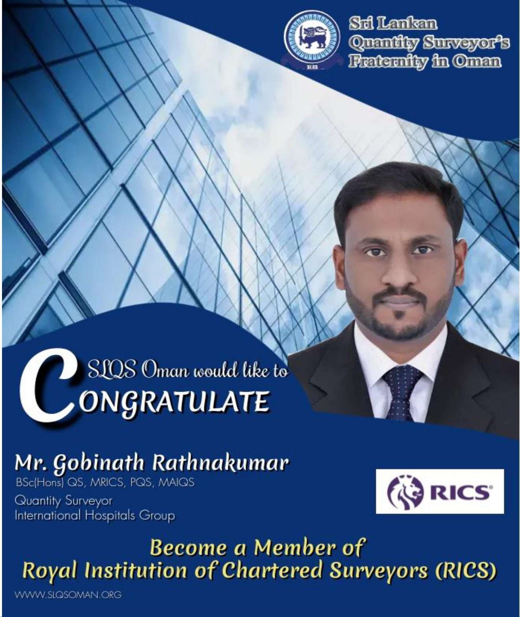 Congratulations!! Mr. Gobinath Rathnakumar !! For Becoming A Member of RICS