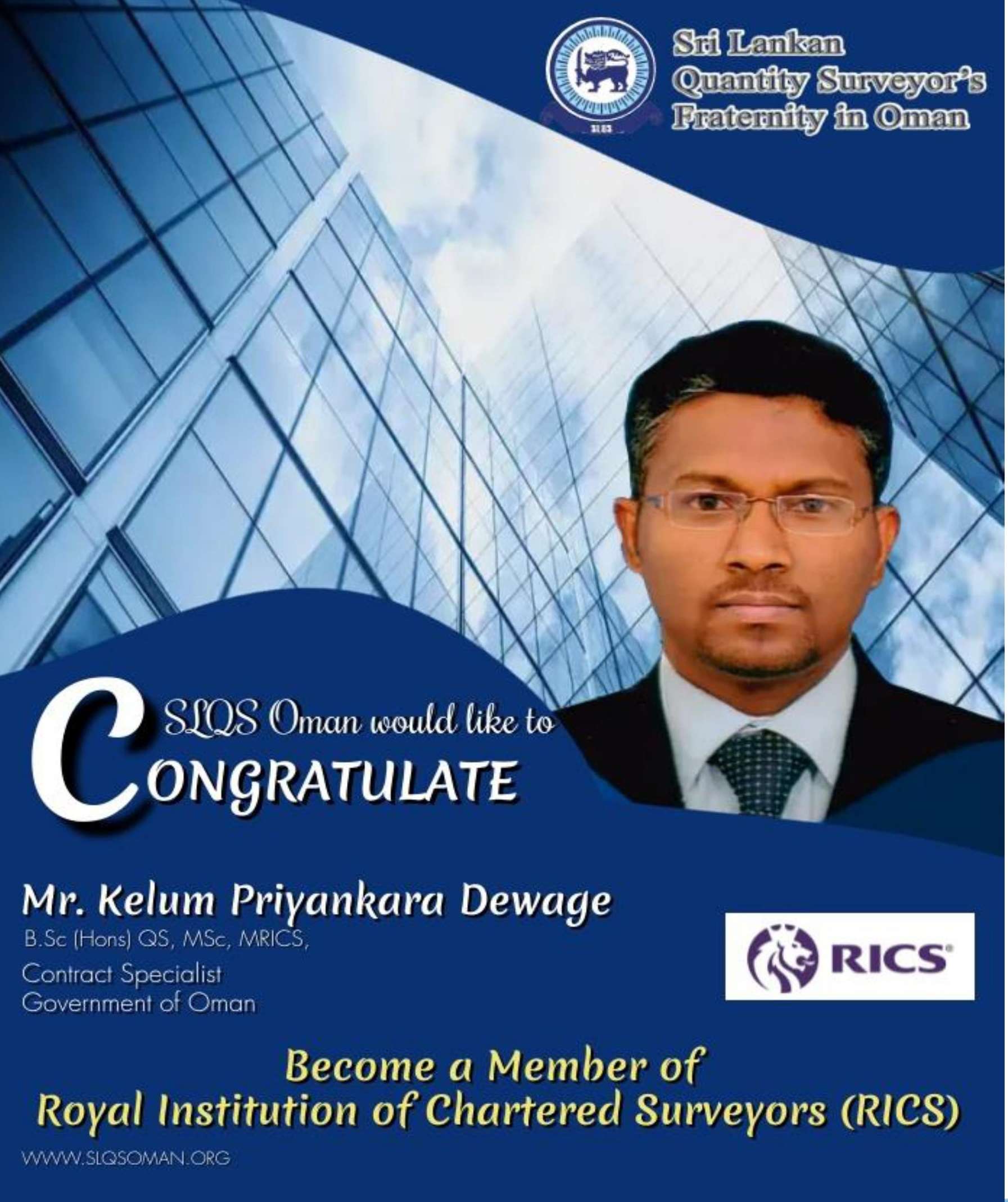 Congratulations!! Mr. Kelum Priyankara !! For Becoming A Member of RICS