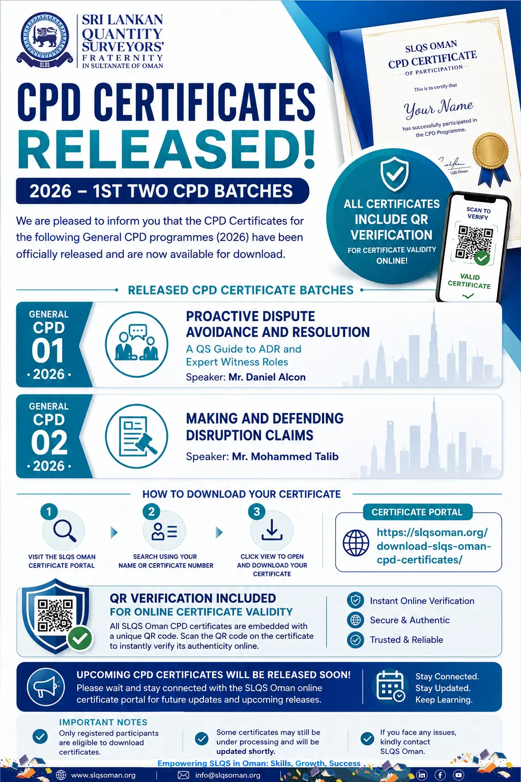 Image Alt Text:SLQS Oman CPD Certificates 2026 Released with QR Verification