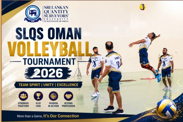 SLQS Oman members participating in the Volleyball Tournament 2026 indoor sports event in Oman